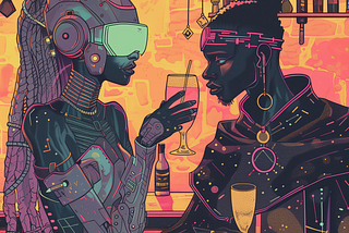 risograph image of a cyborg and futuristic wizard enjoying drinks at a bar
