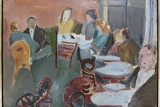 A painting depicting people dining at outdoor restaurant tables, illustrating the social spaces where presence and encounter unfold