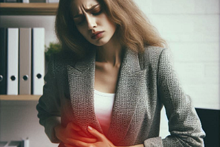 Vrouw met lang donkerblond haar en een grijs gewerkte colbert in een kantoor drukt haar handen tegen haar buik omdat ze last heeft van een vergrote lever door stress.