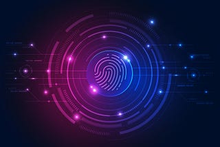 Um ícone de digital humana, que representa biometria. O ícone é iluminado por tons roxos e azuis, dando aspecto futurista.