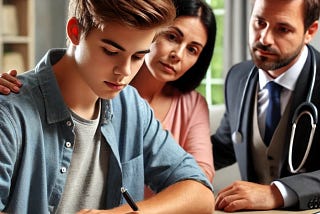 College student with parents and doctor signing living will and health care proxy.