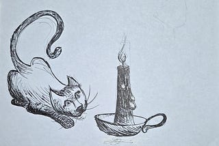Cartoon cat staring at a lighted candle