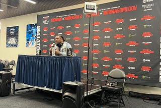 №8 heavyweight Daniel James speaks to backstage media following his technical knockout win against Tyrell Fortune at Bellator 288 Nov. 18 at Wintrust Arena. (Zain Bando/MEDILL)