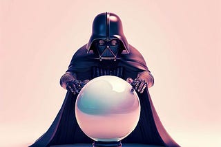 Darth Vader from Star Wars trying to unveil the future through his magic orb, in a light pink background.