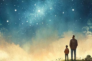 A young boy standing on a hilltop, looking up at a starry sky with his father by his side