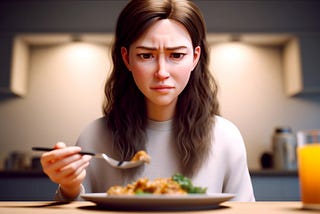 A young woman with a digusted look on her face eating dinner.