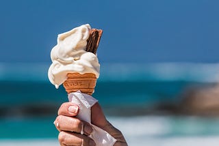 A hand holding an ice-cream cone with a chocolate topping.