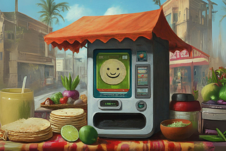 A colorful cartoon depicting “infoautomat” working at a taco stand. The infoautomat, a friendly robot with a shed roof for a hat, stands behind a counter filled with fresh ingredients for tacos. Una colorida ilustración que muestra a “infoautomat” trabajando en un puesto de tacos. El infoautomat, un robot amigable con un techo de cobertizo como sombrero, está detrás de un mostrador lleno de ingredientes frescos para tacos. Un emoji de cara feliz hecho con una tortilla aparece dentro del cristal