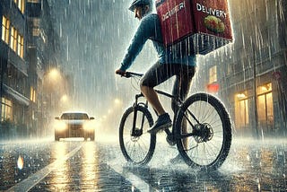 IMAGE: A hyper-realistic illustration of a food delivery rider braving the heavy rainstorm