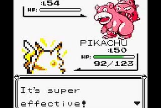 Pikachu fighting against another Pokemon with a super effective attack.