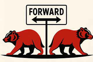Illustration of two red and black Wisconsin badgers walking in opposite directions beneath a sign labeled “FORWARD” with arrows pointing left and right — symbolizing political or ideological division in the state’s path forward.