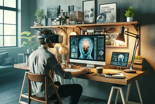 A realistic, natural cover image of a modern workspace shot on a DSLR camera. It features a person wearing a VR headset, experiencing a personalized interface. A monitor next to them displays a readout on brain activity. The desk includes a computer with design software open, a notebook, and a coffee cup. In the background, there is a shelf with design books, a plant, and a stylish lamp. Natural light streams in from a window to the side, creating a cozy and productive atmosphere.