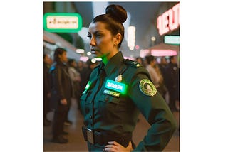 A 40-year-old woman in a dark green futuristic police uniform, the nameplate reads “DeKlerk,” dark brown hair in a bun, hands on her hips, background is a large city market of the future, lots of neon lighting, people milling around at night