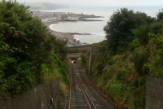The view of the bay when travelling down the Cliff Railway, Aberystwyth.
