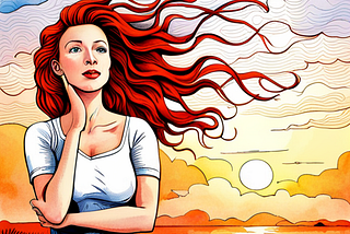 A red-headed wpman stands in front of a sunset.