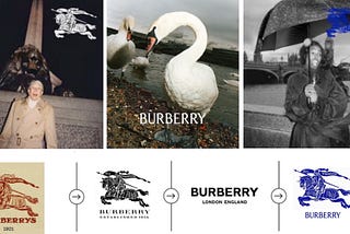 Images that show the evolution of Burberrry’s brand identity, illustrating how Burberry has returned to a version of its 1901 identity (a soldier holding a banner, riding a horse).