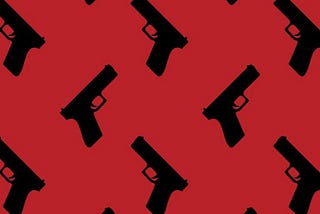A red background with black silhouettes of pistols.