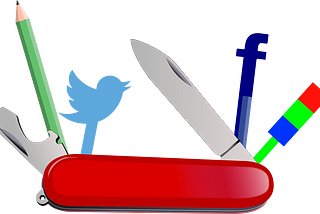 Swiss army knife with pen, twitter logo and facebook logo