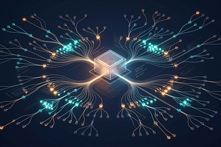 AgentHub visualization showing AI agents collaborating through a directed acyclic graph of commits with a central coordination hub and message board