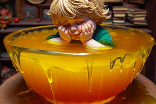 a diorama of a little blond boy clutching his face in a huge bowl of yellow jello