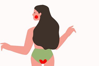 A woman wearing a green underwear with a blood stain on the back side shaped like a heart