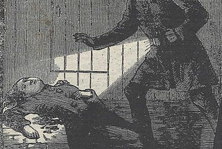 A black-and-white newspaper sketch showing a constable with a lantern discovering the body of a woman on the pavement.