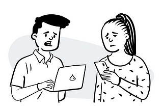 Cartoon of a man and a woman disappointed looking at the bad UX Writing on their devices