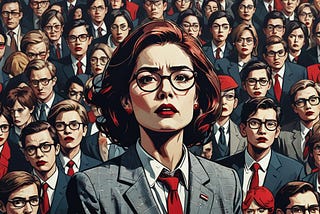 SDXL digital art image of a spotlit leader standing in the centre of a crowd, with a look of fear on her face. She is in a suit, with tie, glasses perched on her nose and sassy red lipstick.