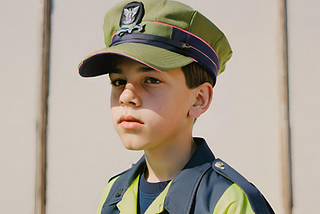 A boy wearing a mix of tradesman and military clothes.