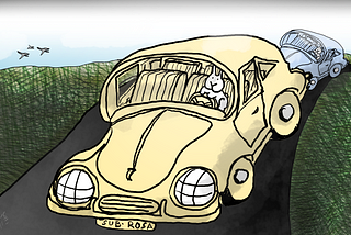 A cartoon of a little white bunny in a lumpy yellow car on a smooth curvy road racing across a field. The yellow car is being chase by a pale blue car (also driven by a little bunny). The yellow car’s license plate says SUB — ROSA. To the left, above the horizon three birds are flying. Art by Doodleslice 2024