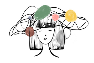 An illustration of a woman’s face surrounded by abstract distractions