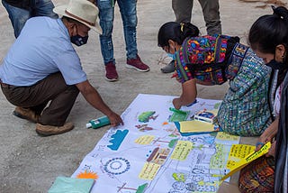 A man and two women kneel over a large piece of paper covered in images and notes as part of preparation for community diagnostics, Panicuy y Calbalcol, Guatemala.