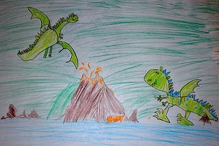 A drawing of two seemingly playful dragons by a child. Despite its obvious flaws, the colourful drawing is complete in itself