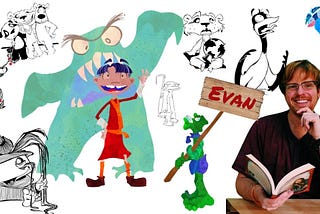 A photo of the author in front of his illustrations.