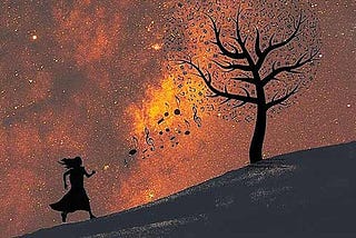 woman walking up towards tree during a start filled night with musical notes being communicated between them.
