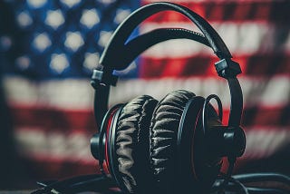 An image containing a closeup of a pair of black padded headphones. In the background of it is a somewhat blurred American flag.