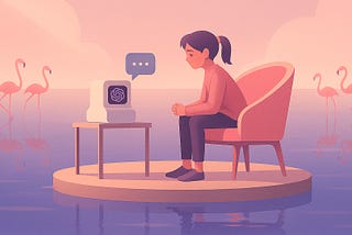 A soft pastel illustration of a young girl sitting on a floating platform, speaking to a small AI device with the OpenAI logo, as flamingos wade peacefully in the background under a calm pink sky.