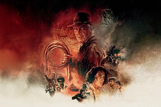 Indiana Jones with whip and charactes from Dial of Destiny