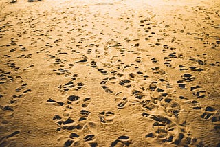 A sandy beach with hundreds of footprints going in all directions