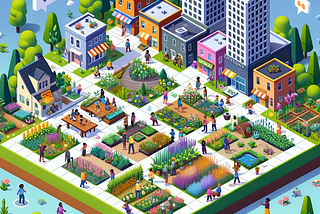A small, bustling city with a vibrant native garden at its center, in the style of an isometric city builder.