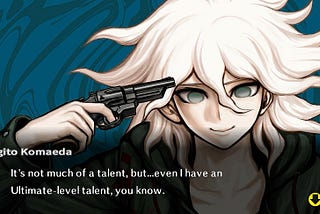 Screenshot from Super Danganronpa 2 featuring Nagito Komaeda playing russian roulette.
