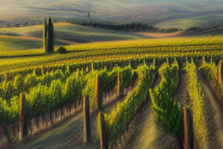 Pastel chalk drawing of a vineyard