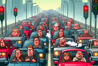 Cartoon of a long line of frustrated drivers at a red light
