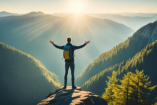 A man standing at the edge of a cliff, looking out into a vast landscape of mountains and forests. His arms are outstretched, as if they are ready to embrace the challenges ahead.