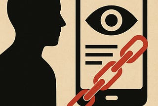 IMAGE: A minimalist illustration showing a person chained to a smartphone displaying an eye symbol, representing how users are trapped in Google’s pervasive surveillance-based advertising system