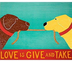 Love is give and take. A picture depicting two dogs holding each others’ leashes.