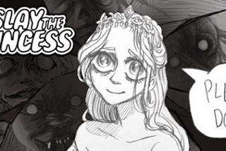 Pencil drawing of a princess with long hair and big, shimmering eyes with a speach bubble to her right saying “Please don’t.” To the left in the top corner is the title “Slay the Princess” in white bubble-type lettering, with a heart impaled by a knife squished up beside the words in front. The background is a shattered glass display of multiple faces of the princess in different, horrifying states.