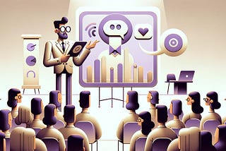 Minimalistic illustration of a tech-savvy teacher with exaggerated glasses and a futuristic outfit, pointing at a digital blackboard displaying a ‘smart plate’ diagram, in front of an abstract audience. The classroom is depicted in beige, violet, and gold, emphasizing a sophisticated yet warm atmospher