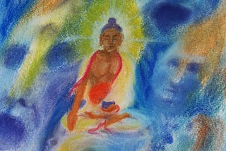 Siddhartha sits in meditation. The faces of Mara scream at him in his attempt to keep Siddhartha from becoming the Buddha.