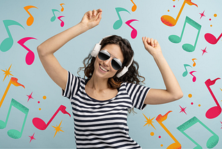 A middle-aged mom dancing with headphones and mirrored sunglasses on, surrounded by colorful musical note graphics